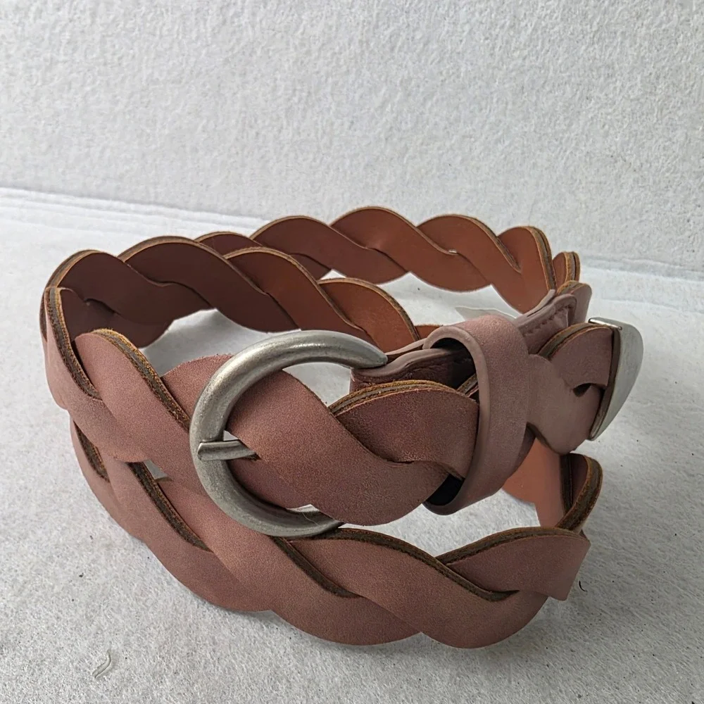 Womens Braided Mauve Faux Leather Belt Silver Buckle Wide Boho Western Size S